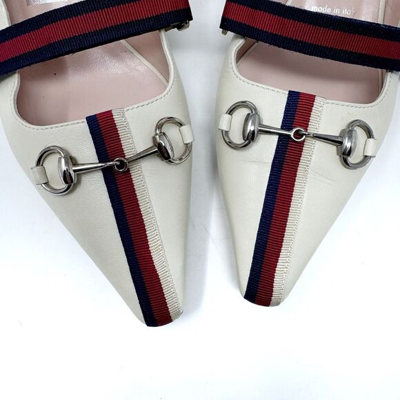 Gucci Malaga Kid Cream Web Stripe Horsebit Low Kitten Heel Slingback Pumps EU 38 - Picture 7 of 11